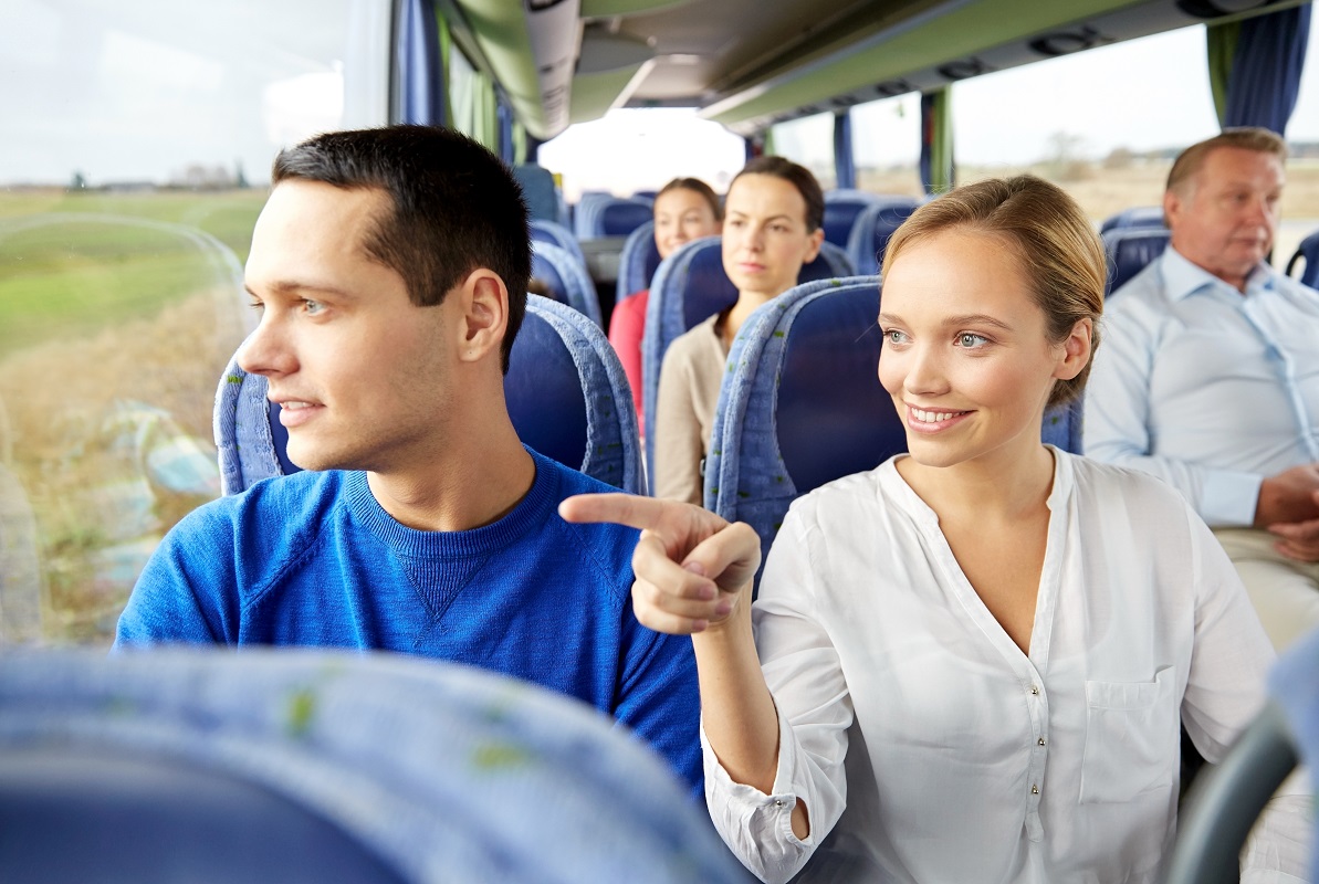 corporate travel: employees in the bus